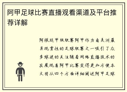 阿甲足球比赛直播观看渠道及平台推荐详解